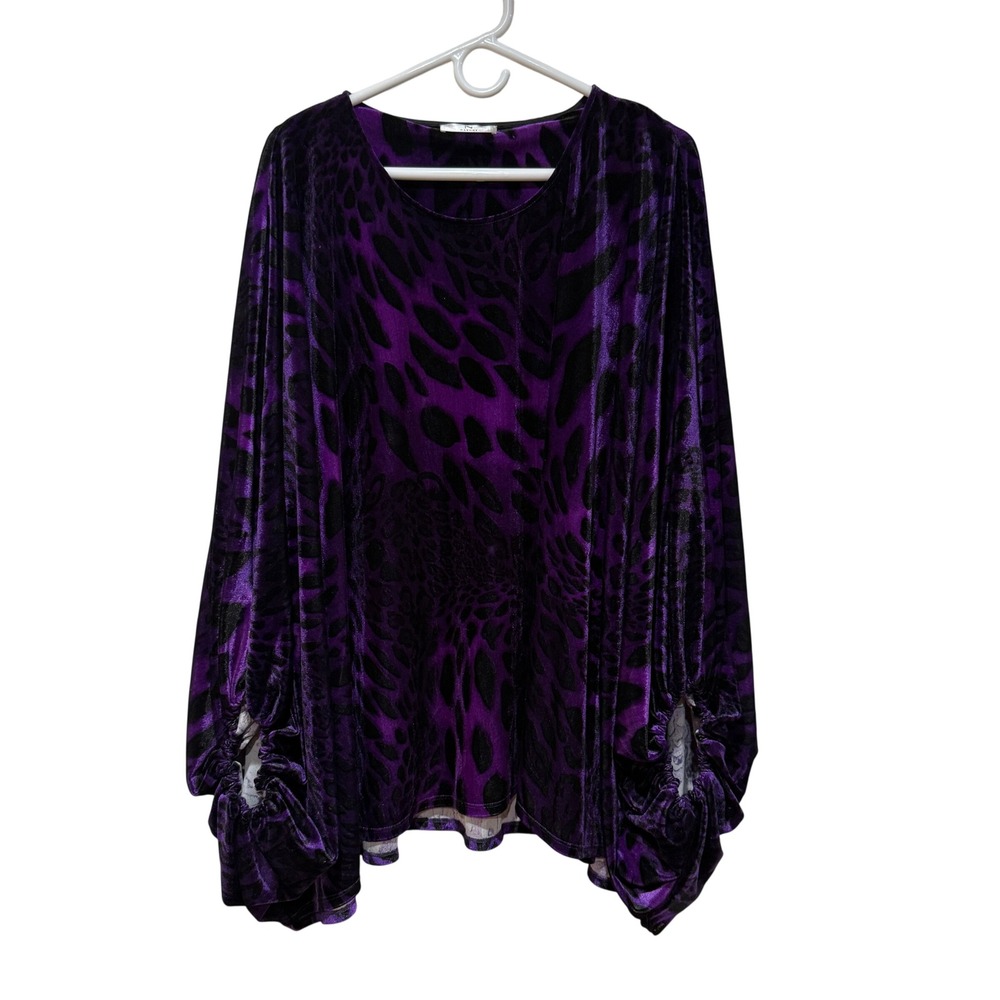 Natori Purple Black Leopard Velvet Tunic Top Ruched Sleeve Plus Sz 2X Oversized